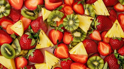 Juicy tropical fruit and berry composition, a bunch. Colorful mosaic of pineapple, strawberry,...