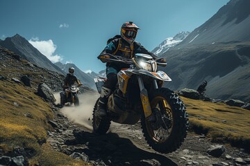 a vivid depiction of a couple enjoying an adventurous ride on a snowmobile against a stunning snowy backdrop
