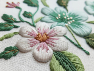 Close-up of a colorful embroidered flower with detailed stitches on fabric