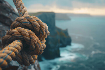 A tightly bound nautical rope knot shown in close-up with an ocean background. - obrazy, fototapety, plakaty