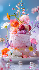 A pastel pink gelato beautifully decorated with fresh spring flowers and berries, creating an enchanting dessert masterpiece.