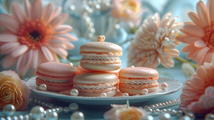 Obraz na płótnie Canvas Delicate pastel macarons presented on a plate, surrounded by soft-hued flowers and elegant pearl accents.