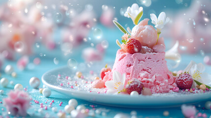 A dreamy strawberry ice cream cake with fresh strawberries and floral toppings, captured in a magical, bubbly atmosphere.