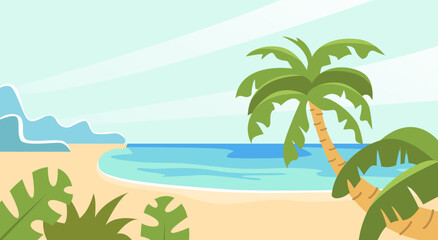 Fototapeta na wymiar Tropical Summer Beach. Background of Landscape, Panorama of Sea or the Ocean. Summer Sale, Post Template. Vector Illustration.