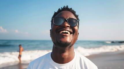 Euphoric Beach Getaway: Man in Sunglasses Embraces Summer Bliss - Generative AI