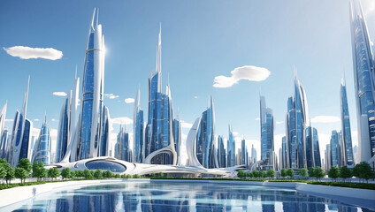 A futuristic city with tall buildings and a river in front of it

