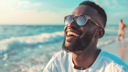Euphoric Beach Getaway: Man in Sunglasses Embraces Summer Bliss - Generative AI