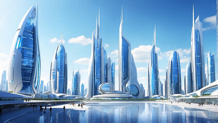 A futuristic city with tall buildings and a river in front of it

 - obrazy, fototapety, plakaty