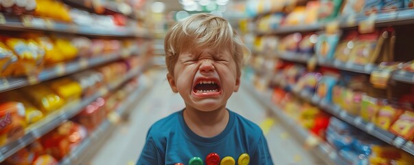 Sad Toddler Crying Over Spilled Candy in a Supermarket Aisle - obrazy, fototapety, plakaty