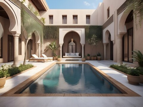Modern country villa living room living room garden and swimming pool in courtyard, morocco style - 3d render By Alim Graphi