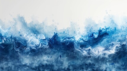 A dark blue gradient with fluid curve lines texture and white space for text makes up an abstract watercolor paint background.