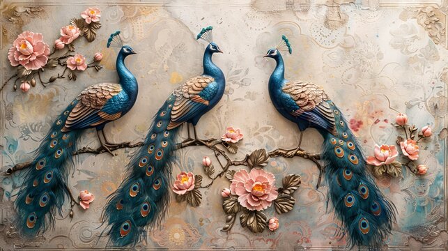 Stunning wall mural with peacocks and patterned background. Beautiful, light photo wallpaper design.