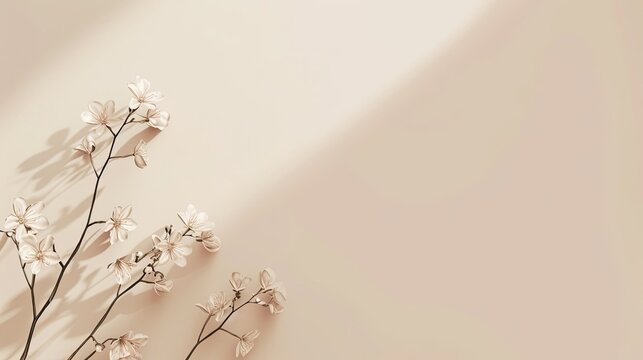 Abstract image of an minimalistic backdrop. Composition of flowers, greenery, petals, branches on a white background, contrast, bloom. Beige colors, warm shades, art, flora. Generative by AI