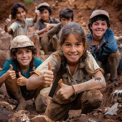 Group of children smiling, having thumbs up doing their dream job as Archeologists at the site with excavations in the background. Concept of Creativity, Happiness, Dream come true and Teamwork. - obrazy, fototapety, plakaty