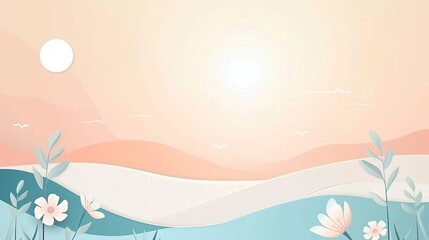 Abstract image of minimalistic background, sea landscape, composition of simple lines and dots, flat design, flowers, petals, sun, birds, sea, bright palette. Generative by AI