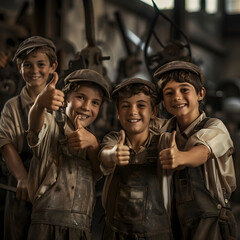 Group of children doing their dream job as Blacksmiths standing inside the blacksmith workshop. Concept of Creativity, Happiness, Dream come true and Teamwork.