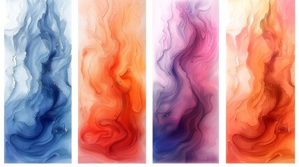 Abstract hand-drawn set of six watercolor backgrounds, modern illustrations, stains of watercolors on wet paper. Watercolor compositions for scrapbooking.