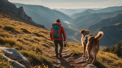 Poster Bergwanderung mit Hund im goldenen Morgenlicht – Perspektive von hinten © KraPhoto