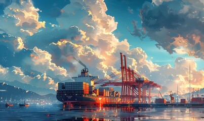 Busy Dockyard, Loading Cargo Under Cloudy Skies - obrazy, fototapety, plakaty