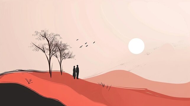 Abstract image of a minimalistic backdrop. Landscape of two people holding hands next to two dried up trees against a background of empty red fields, sprouts, drought, flat design. Generative by AI