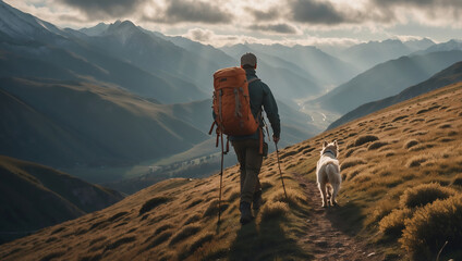 Wanderer und Hund auf Bergpfad mit atemberaubender Aussicht – Rückansicht - obrazy, fototapety, plakaty