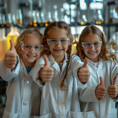 Group of children doing their dream job as Chemists at the laboratory. Concept of Creativity, Happiness, Dream come true and Teamwork.