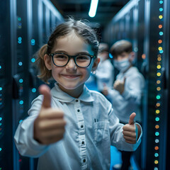 Group of children doing their dream job as IT Specialists in the server room. Concept of Creativity, Happiness, Dream come true and Teamwork.