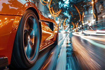A car is driving down a street at night with a bright orange color. Generative AI - obrazy, fototapety, plakaty