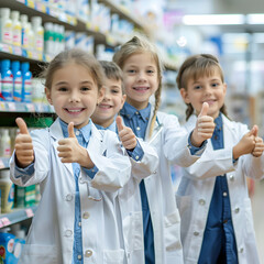 Group of children doing their dream job as Pharmacists at the Pharmacy. Concept of Creativity, Happiness, Dream come true and Teamwork.
