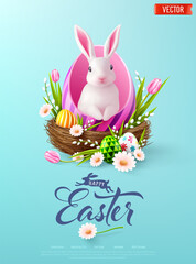 Easter poster and banner template with Rabbit inside a egg and Easter eggs in the nest on light blue background.Greetings and presents for Easter Day.Promotion and shopping template for Easter.