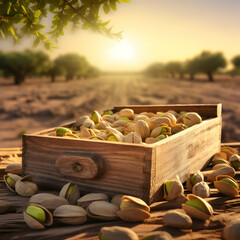 Pistachio nuts harvested in a wooden box in a plantation with sunset. Natural organic fruit abundance. Agriculture, healthy and natural food concept. Square composition.