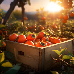 Persimmon fruit harvested in a wooden box in a field with sunset. Natural organic vegetable abundance. Agriculture, healthy and natural food concept. Square composition.