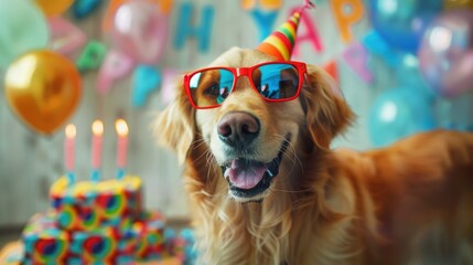 Funny Dog Celebrating Happy Birthday, Banner Image For Website, Background, Desktop Wallpaper - obrazy, fototapety, plakaty