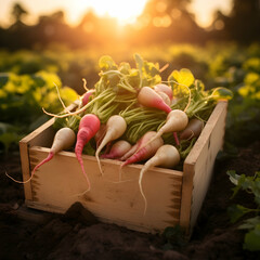 Radish Daikon harvested in a wooden box with field and sunset in the background. Natural organic fruit abundance. Agriculture, healthy and natural food concept. Square composition.