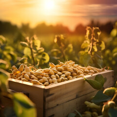 Soya beans harvested in a wooden box in a plantation with sunset. Natural organic fruit abundance. Agriculture, healthy and natural food concept. Square composition.