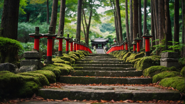 A red torii gate in a forest with stone guardians

