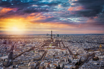 Panoramic view of the urban skyline of Paris, France, with the famous Eiffel Tower in the center...