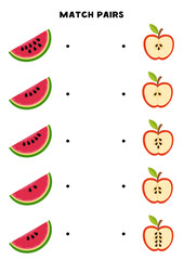 Match pairs of cute watermelon and apple seeds. Logical and math game for kids.