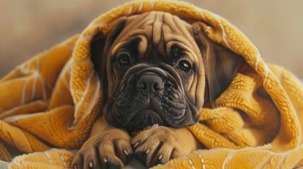 Funny Mastiff Puppy Towel On His, Banner Image For Website, Background, Desktop Wallpaper - obrazy, fototapety, plakaty