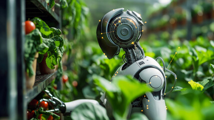 The future of agriculture and horticulture. A mechanical robot attending and harvesting food crops