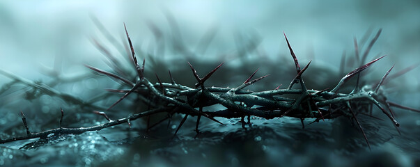 A powerful image of a crown of thorns, symbolizing the suffering and sacrifice of Jesus in Christianity. It is often used during Easter and Good Friday for worship and spiritual reflection. - obrazy, fototapety, plakaty