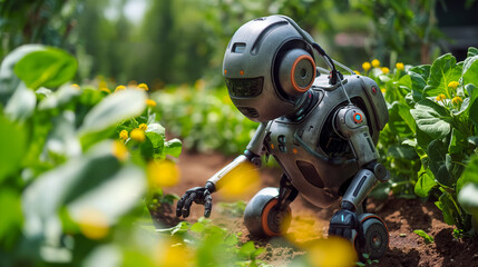 The future of agriculture and horticulture. A mechanical robot attending and harvesting food crops