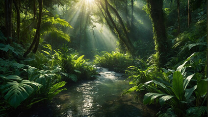 A sunlit stream in a lush green jungle.

