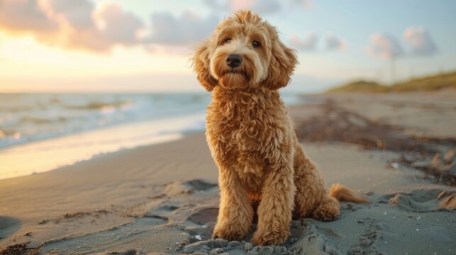 Goldendoodle Dog Sits On Beach Baltic, Banner Image For Website, Background, Desktop Wallpaper