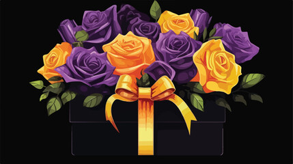 Purple and yellow roses box present on black background