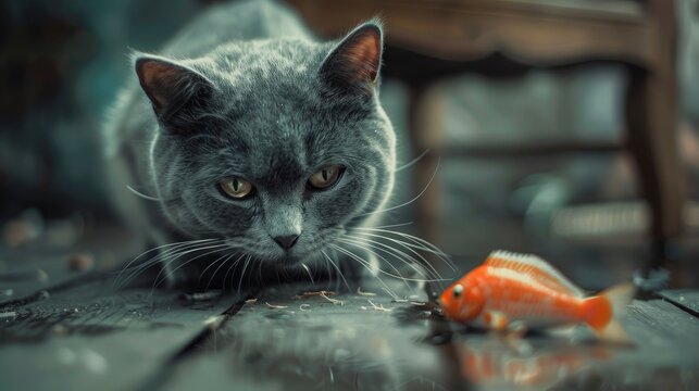 Gray Malt Cat Plays Toy Fish, Banner Image For Website, Background, Desktop Wallpaper