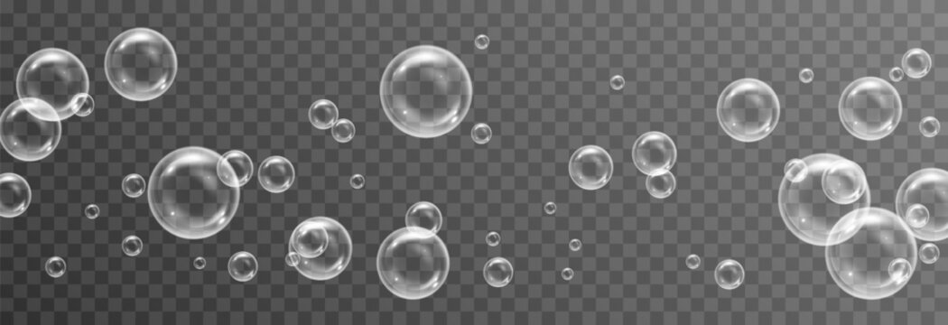 Vector soap bubbles png. Flying soap bubbles. Soap bubbles with various reflections. Detergent, soap, shampoo, foam.