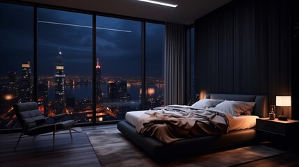 3D interior of dark bedroom black walls luxury room
