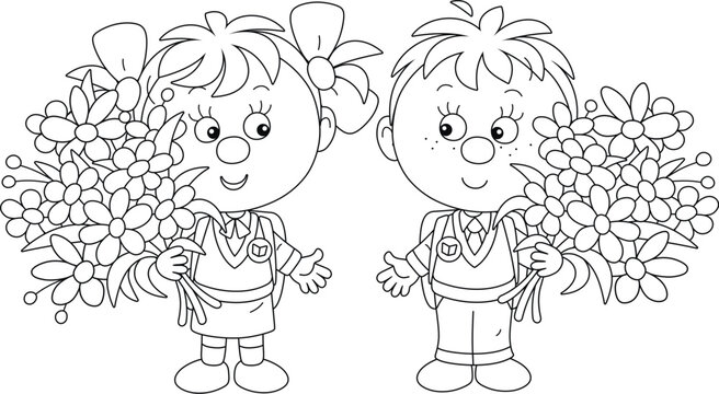 Happy little schoolboy and schoolgirl first graders with schoolbags and beautiful bouquets of flowers at a holiday of school bell before start of classes in primary school, vector cartoon