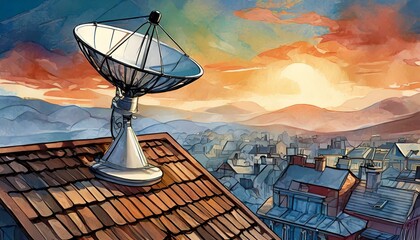 satellite dish on the roof - obrazy, fototapety, plakaty